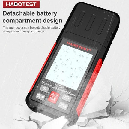HABOTEST Handheld Temperature and Humidity Monitor for Daily Use showing detachable battery compartment and screen with buttons
