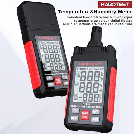 HABOTEST Handheld Temperature and Humidity Monitor for Daily Use showing dual digital displays and probe for home and office environmental checks