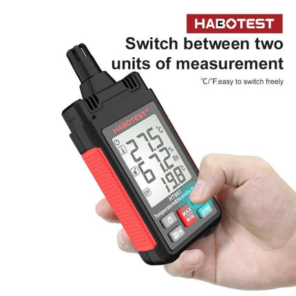 HABOTEST Handheld Temperature and Humidity Monitor for Daily Use showing display, red grip and finger pressing buttons
