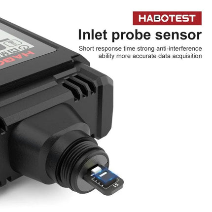 HABOTEST Handheld Temperature and Humidity Monitor for Daily Use showing inlet probe sensor and detachable probe tip for accurate readings