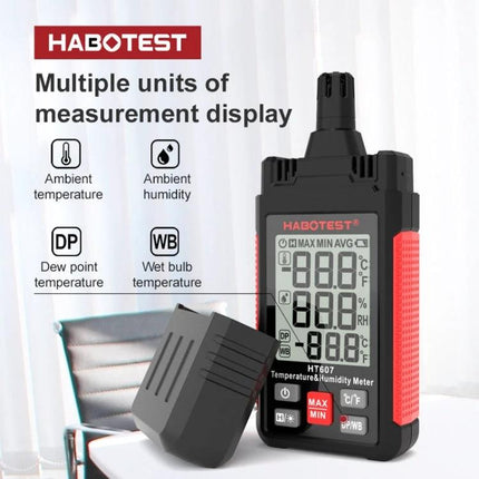 HABOTEST Handheld Temperature and Humidity Monitor for Daily Use showing display with temperature humidity and dew point readings
