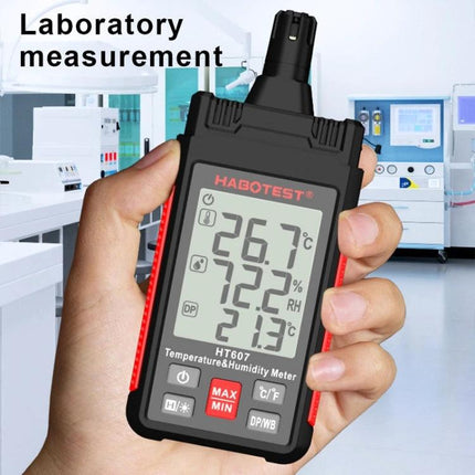 HABOTEST Handheld Temperature and Humidity Monitor for Daily Use showing 26.7°C and 72.2% RH in laboratory setting