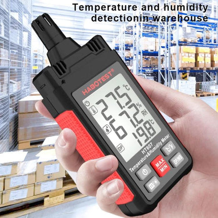 HABOTEST Handheld Temperature and Humidity Monitor for Daily Use in warehouse showing temperature and humidity readings