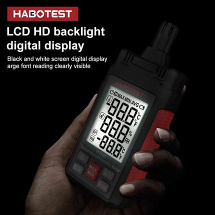 HABOTEST Handheld Temperature and Humidity Monitor for Daily Use showing LCD HD backlight digital display held in hand for home and office monitoring