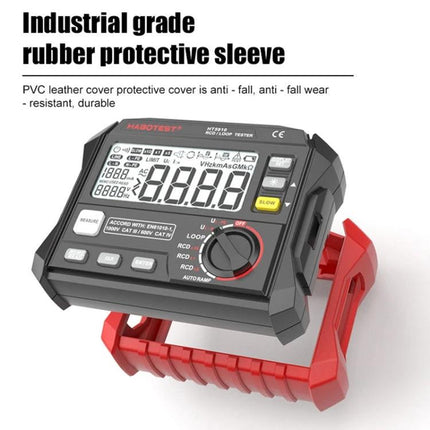 HABOTEST Leakage and Loop Resistance Tester for Safety Checks handheld meter with protective red rubber sleeve showing display and controls