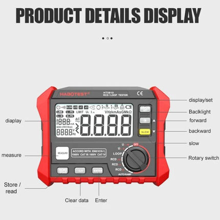 HABOTEST Leakage and Loop Resistance Tester for Safety Checks digital RCD and loop resistance meter with labeled display and rotary switch