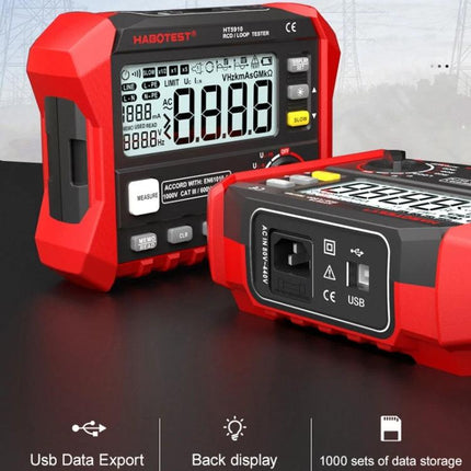 HABOTEST Leakage and Loop Resistance Tester for Safety Checks - compact red tester showing display, USB port and controls for electricians