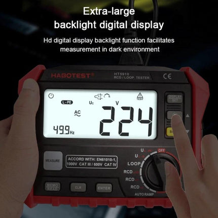 HABOTEST Leakage and Loop Resistance Tester for Safety Checks handheld device showing backlit digital display reading 224V