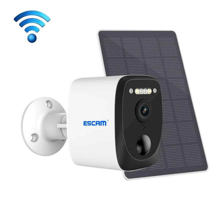 ESCAM Outdoor Solar-Powered Security Camera with Night Vision and Audio mounted with solar panel showing night vision LEDs and wireless icon