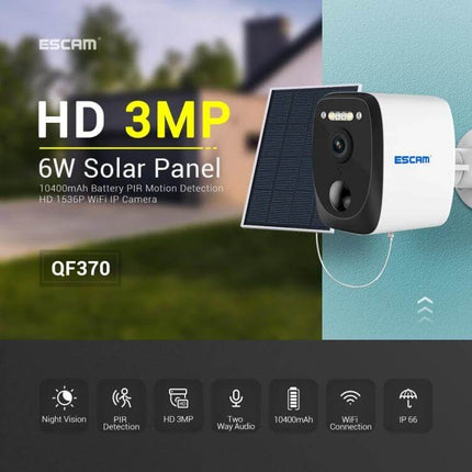 ESCAM Outdoor Solar-Powered Security Camera with Night Vision and Audio mounted with 6W solar panel showing HD 3MP, PIR detection and 10400mAh battery