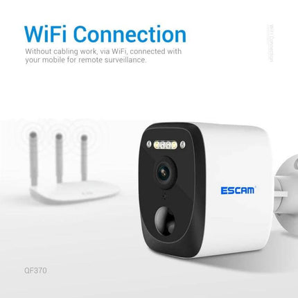 ESCAM Outdoor Solar-Powered Security Camera with Night Vision and Audio mounted outdoors showing WiFi connection and solar-powered remote surveillance