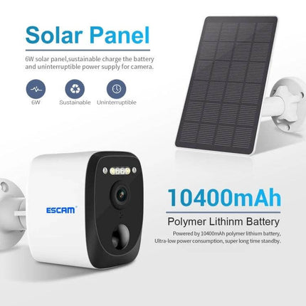 ESCAM Outdoor Solar-Powered Security Camera with Night Vision and Audio mounted with solar panel and 10400mAh battery for continuous outdoor surveillance