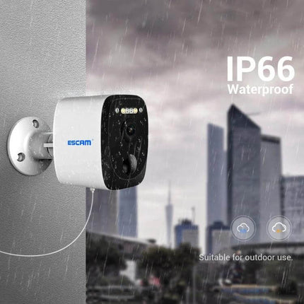 ESCAM Outdoor Solar-Powered Security Camera with Night Vision and Audio mounted outdoors in rain showing IP66 waterproof performance