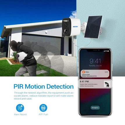 ESCAM Outdoor Solar-Powered Security Camera with Night Vision and Audio showing PIR motion detection alert on smartphone