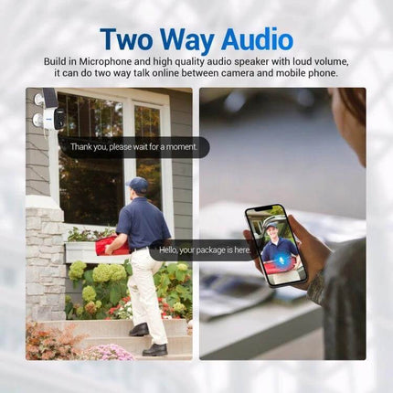 ESCAM Outdoor Solar-Powered Security Camera with Night Vision and Audio showing two-way audio delivering live conversation with delivery person via smartphone