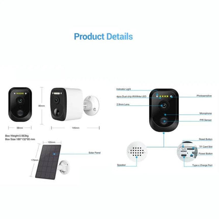 ESCAM Outdoor Solar-Powered Security Camera with Night Vision and Audio - product diagram showing camera, solar panel, dimensions and labeled features