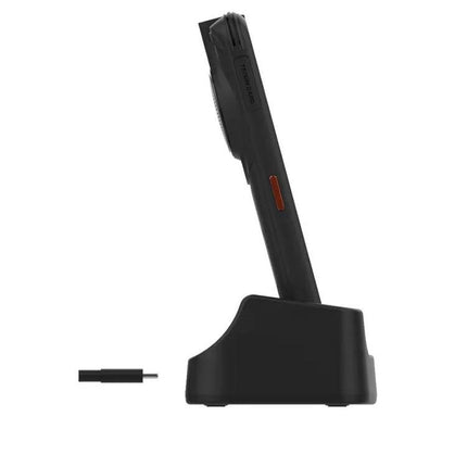 Keep Your AGM Device Charged on Your Desk with Holder showing black AGM H5 Pro docked at angled charging stand
