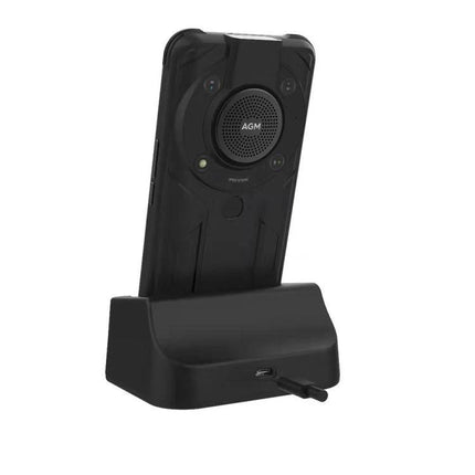 Keep Your AGM Device Charged on Your Desk with Holder showing AGM H5 Pro in a black charging stand at optimal viewing angle