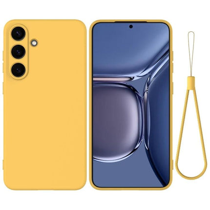 Samsung Silicone Phone Case for Everyday Protection in yellow showing front, back and wrist strap, slim lightweight drop-and-scratch guard