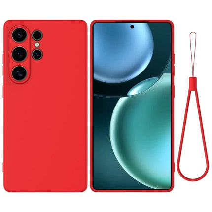 Alt Tag: Phone Case For Samsung Devices Silicone Protection For Daily Life slim red silicone case with wrist strap protecting rear cameras