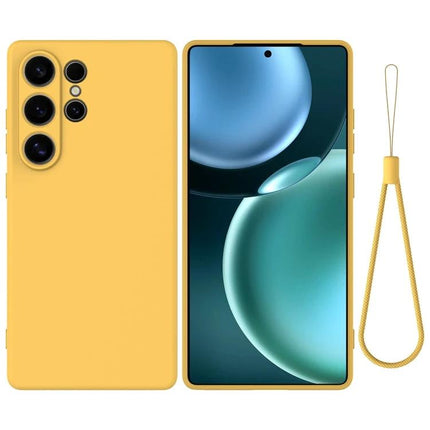 Phone Case For Samsung Devices Silicone Protection For Daily Life - slim yellow silicone case with wrist strap, lightweight grip and camera cutouts