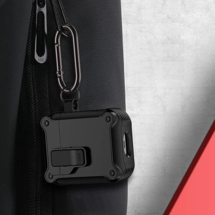 Keep Your AirPods Protected with Eagle Case for Daily Use - rugged black protective AirPods case with carabiner clip attached to backpack