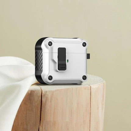 Eagle Protective Case for AirPods in Daily Use showing rugged compact white-and-black case on wooden stump protecting earbuds during commuting and exercise