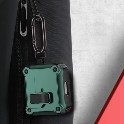 Eagle Protective Case for AirPods in Daily Use hanging from bag with carabiner, rugged compact green shell protecting earbuds