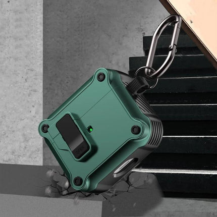 Eagle Protective Case for AirPods in Daily Use hanging on carabiner, rugged green shockproof cover protecting earbuds from drops and scratches