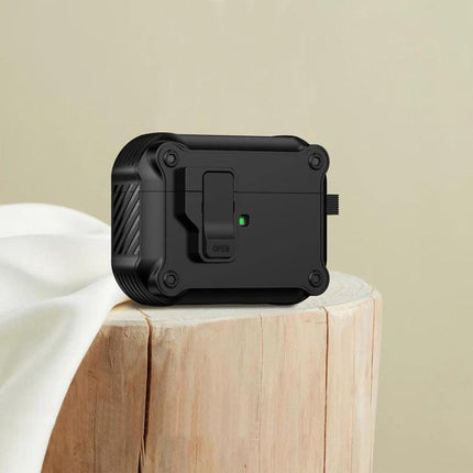 Eagle Protective Case for AirPods in Daily Use black rugged compact case shown on wooden stump, low-profile drop and scratch protection