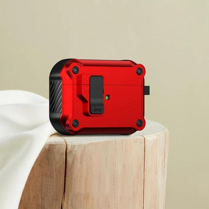 Eagle Protective Case for AirPods in Daily Use - red rugged slim case on wooden pedestal protecting earbuds from drops and scratches