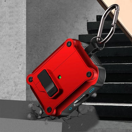 Eagle Protective Case for AirPods in Everyday Travel rugged red case with carabiner shown protecting AirPods from drops
