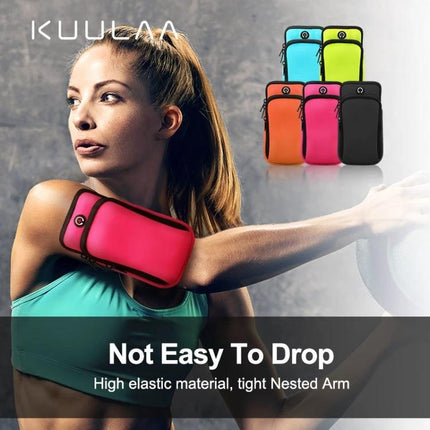 Sports Arm Bag Under 6 Inches pink arm pouch worn by woman for running with double-zipper pockets and earphone hole