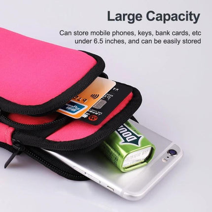 Sports Arm Bag Under 6 Inches: pink double-zip armband showing phone, cards, and gum for running and cycling