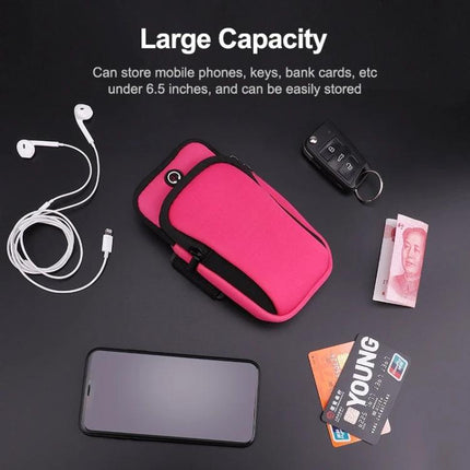 Sports Arm Bag Under 6 Inches compact pink arm pouch with double-zip pockets, earphone hole, phone, keys and cards displayed