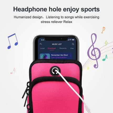 Sports Arm Bag Under 6 Inches in pink showing phone with earphone hole and double-zip pockets for keys and cards