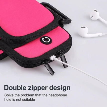 Sports Arm Bag Under 6 Inches pink double-zipper armband with earphone hole for running, cycling, and hands-free music