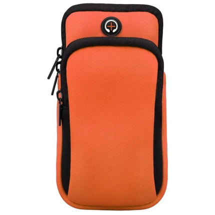Sports Arm Bag Under 6 Inches - orange neoprene arm pouch with double-zipper pockets and earphone hole for running and cycling