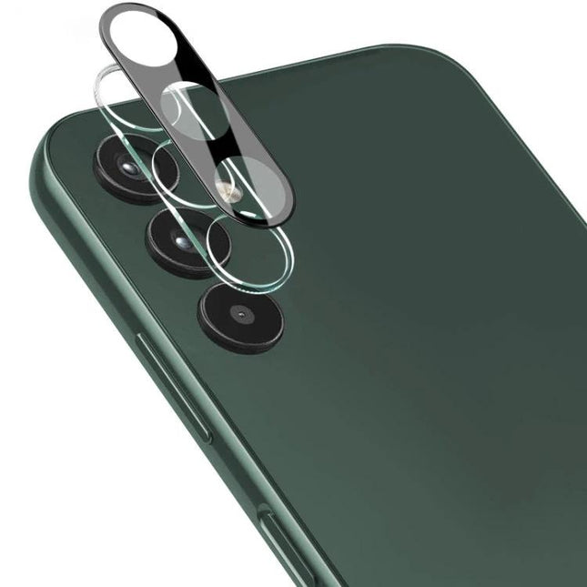 Imak Glass Lens Film For Galaxy A34 5G - black glass lens film and acrylic cap protecting camera lenses on green phone