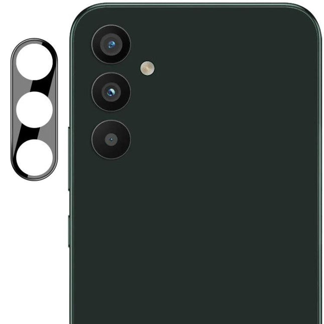 Imak Glass Lens Film For Galaxy A34 5G black glass lens film and acrylic cap shown beside Samsung Galaxy A34 5G camera module