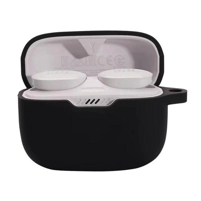 Silicone Protective Case for JBL Earphones, Daily Travel Essential - black silicone cover protecting charging earbuds with lid open