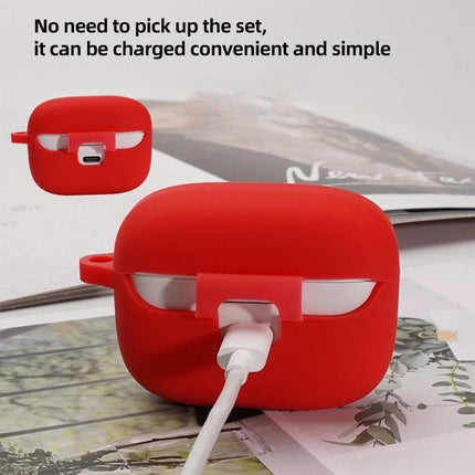 Silicone Protective Case for JBL Earphones, Daily Travel Essential - red silicone case shown charging without removal
