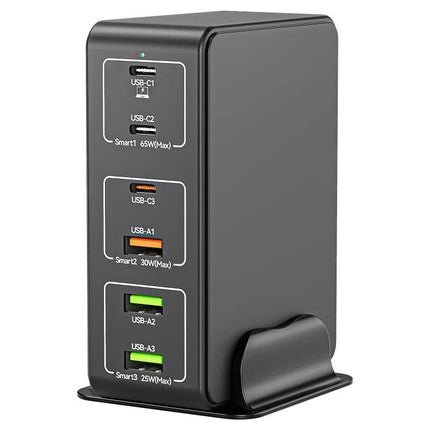Multi-Port Desk Charger for Everyday Home Device Needs vertical black six-port USB charger tower for smartphones laptops and tablets