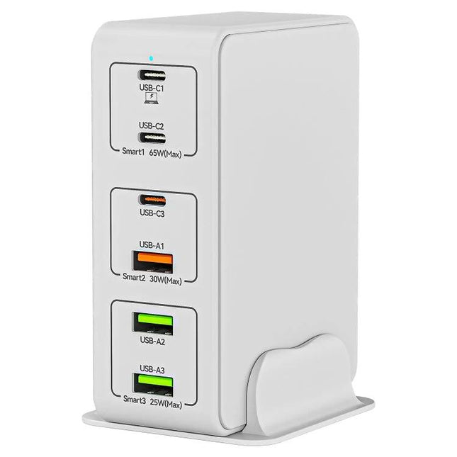 Multi-Port Desk Charger for Everyday Home Device Needs - white six-port vertical desktop charger with USB-C and USB-A ports for phone, laptop, and tablet charging