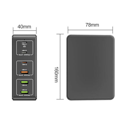 Multi-Port Desk Charger for Everyday Home Device Needs - compact 6-port black charger with USB-C and USB-A ports, 160mm x 78mm x 40mm