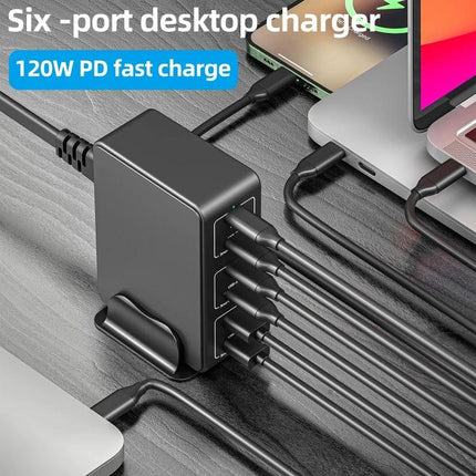 Multi-Port Desk Charger for Everyday Home Device Needs powering six devices at once on a desk with laptop and smartphone (120W PD)