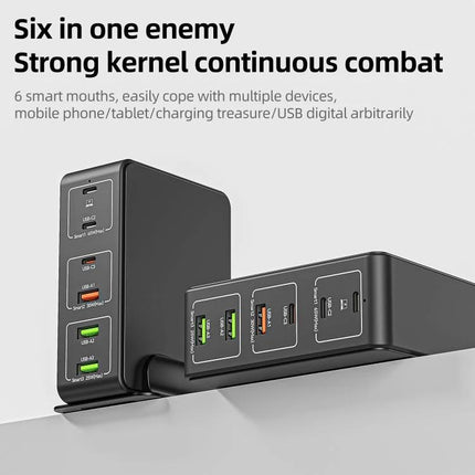 Multi-Port Desk Charger for Everyday Home Device Needs shown with six charging ports on a compact black desk charger powering phones, tablets, and laptops
