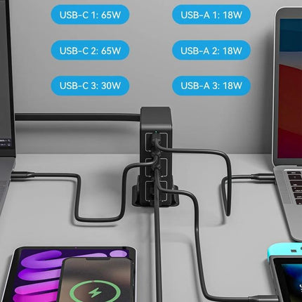 Multi-Port Desk Charger for Everyday Home Device Needs - six-port desktop charger powering phones, laptops and tablets in a tidy home office setup