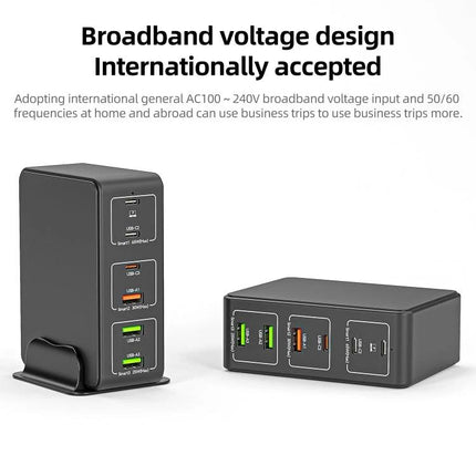 Multi-Port Desk Charger for Everyday Home Device Needs shown as compact six-port charger with vertical and horizontal orientations, USB-A and USB-C ports