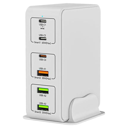 Multi-Port Desk Charger for Everyday Home Device Needs - white six-port vertical USB charger with USB-C and USB-A ports on desk